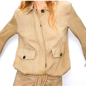 NWT Zara Jacket adjustable hem tan brown drawstring button front women’s S